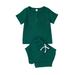 Thaisu Baby Shorts Set Rib Button Short Sleeve Crew Neck Tops + High Waist Casual Shorts Two Piece Set