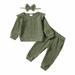 2T Toddler Baby Girls Clothes 2-3T Baby Girls Outfits Solid Color Ruffle Long Sleeve Top Pants Headband 3PCS Winter Outfits Green