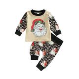 jaweiwi Girls Boys Christmas Pants Clothes Set Santa Claus Print Long Sleeve Crew Neck Sweatshirt with Leopard Print Sweatpants Size 0 6 9 12 18 M