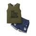 2T Toddler Boys Clothes 3T Boys Summer 2PCS Outfits Letter Print Sleeveless Tank Top Ripped Denim Shorts Set Army Green