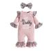 Suanret Valentine s Day Newborn Infant 2Pcs Baby Girls Clothes Letter Leopard Flare Sleeves Jumpsuit with Headband Pink 9-12 Months