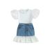 Fiomva Girl Two Piece Set Round Neck Short Sleeve Dot Mesh Decor T-shirt Denim Lace Hem Elastic Skirt