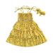 StylesILove Baby Toddler Girls Floral Print Smocked Tiered Sleeveless Dress & Headband 2pcs Summer Ruffle Sundress Outfit (Mustard Yellow 6-12 Months)