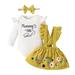 Kucnuzki 6 Months Baby Girls Halloween Skirt Sets 9 Months Long Sleeve Mommyâ€™s Little Girl Letter Prints Romper Tops Supsender Floral Flowing Skirt Headband 3PCS Set Yellow