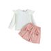 AMILIEe Toddler Baby Girl Summer Clothes Solid Color Round Neck Long Sleeve Ruffle Ribbed Tops and Bowknot Skirt Set