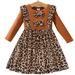 Popshion Toddler Girls Leopard Bowknot Dress Color Block Round Neck Casual Mid-length Fall Dress