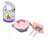 EIMELI Pink Baby Plates Bowls with Lids - Silicone Mini Mat - Suction Placemat Bowl with Spoon Fork for Self Feeding - Purple Baby Bib