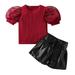 TAIAOJING Kid Toddler Girl Clothes Kids Tulle Puff Sleeve Ribbed T Shirt Tops PU Leather Lacing Shorts 2PCS Set Baby Girl Outfits 5-6 Years