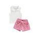 Canrulo Summer Lovely Baby Girls 2pcs Clothes Sleeveless Turn Down Vest Tops+High Waist Shorts With Belt Sets Pink 18-24 Months