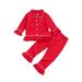 CenturyX Toddler Baby Girl Pajamas Set Kids Ruffle Long Sleeve Peter Pan Collar Button Shirts Tops+Flare Pants Loungewe Red 3-4 Years