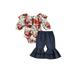 TheFound Lovely Baby Girls Clothes Off Shoulder Ruffles Long Sleeve Flowers Printed Romper+Denim Flare Pants Sets