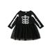 JYYYBF Halloween Toddler Baby Kid Girl Dress Skull Print Mesh Tutu Party Dress Long Sleeve Princess Casual Dress Clothes Black 5-6 Years