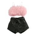 WakeUple 1-6Y Toddler Kids Girls Clothes Sets 2pcs Fluffy Fur Sleeveless Camisole Vest+PU Leather High Waist Shorts