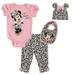 Disney Minnie Mouse Newborn Baby Girls Bodysuit Pants Bib and Hat 4 Piece Outfit Set Newborn to Infant