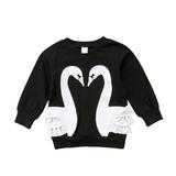 Qtinghua Toddler Baby Girls Swan Printed Cotton Long Sleeve Lace T Shirt Sweatshirts Tops Kids Autumn Blouse Black 1-2 Years