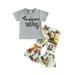 Calsunbaby 2Pcs Kids Little Girls Casual Suit Letter Printed Short Sleeve Tops + Cartoon Printed Flared Long Pants Gray 4-5 Years