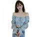 Flower Lace-up Blouse For Women Summer Square Collar Top Slim Sexy Shirt