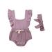 Casual Newborn Baby Girl Cotton Clothes Sets Girl Cotton Solid Ruffle Back Bow Romper+Headband 2Pcs