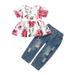 OLLUISNEO Infant Baby Girls Pants Outfits 9 Months Summer Pants Outfits 12 Months Floral Print Crew Neckline Short Sleeve Top Ripped Denim Pants 2 PCS Set