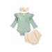 Canrulo 3PCS Baby Girls Fall Winter Clothes Flutter Long Sleeve Knitted Romper Bodysuit Ruffle Shorts Headband Set Light Green 0-3 Months