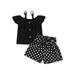 Baby Girl Ribbed Ruffled Button Off Shoulder Tops + Dot Print Shorts with Bow Belt Set