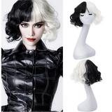 RightOn Black and White Wig for Women Black White Wig with Bangs Short Curly Wavy Wig Black and White Hair Wigs with Wig Cap