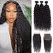 Jerry Curly Human Hair 3 Bundles with 4x4 Lace Closure Pre-Plucked 100% Unprocessed Brazilian Hair Weave Bundles Natural Black Color: 26 28 30 + Closure 22