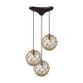 Coastal Inlet - Three Light Pendant Oil Rubbed Bronze Finish with Hitchknot Rope Wrapped Clear Glass