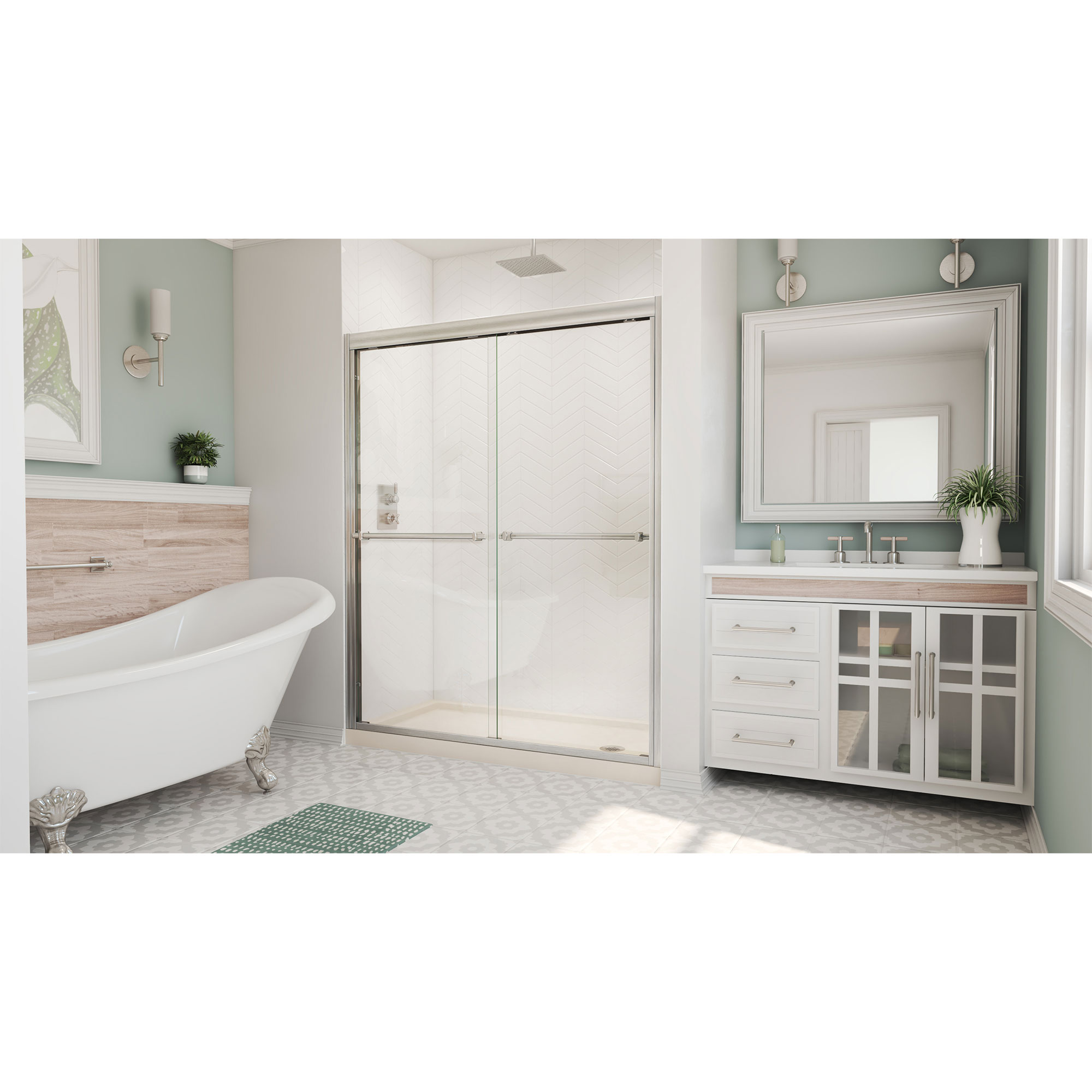 Dreamline DreamLine Duet 32 inch D x 60 inch W x 74 3/4 inch H Semi-Frameless Bypass Shower Door in Brushed Nickel with Left Drain Biscuit Shower Base Kit DL-6951L-22-04