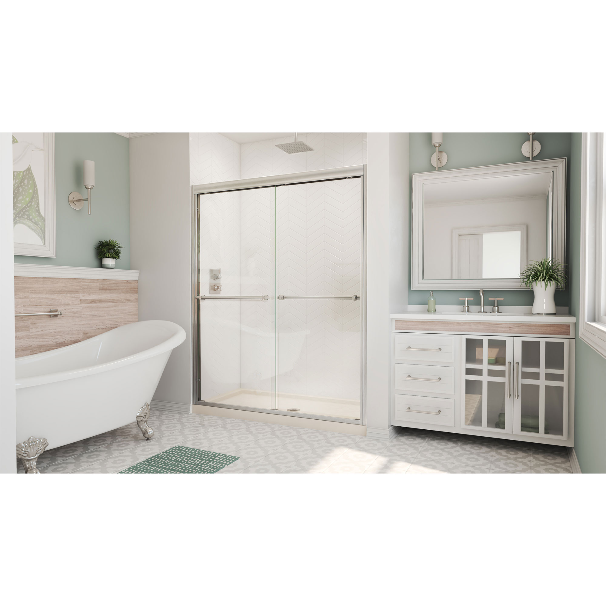 Dreamline DreamLine Duet 34 inch D x 60 inch W x 74 3/4 inch H Semi-Frameless Bypass Shower Door in Chrome with Left Drain Black Shower Base Kit DL-6952L-88-01