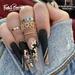 Fofosbeauty 24pcs Press on False Nail Tips Long Coffin Full Cover Fake Nails Punk Black Matte with Gold Flower