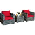 Patiojoy 3-Piece Patio Wicker Conversation Set Bistro Rattan Sofa Chair with Washable Cushion Mix Gray & Red