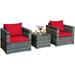 Patiojoy 3-Piece Patio Wicker Conversation Set Bistro Rattan Sofa Chair with Washable Cushion Mix Gray & Red