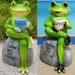 Yesbay Animal Design Statuary Green Sitting Frog Drinking Coffee Stone Garden Statue Decor White