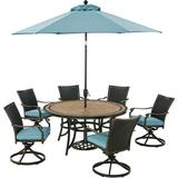 Hanover Monaco 7-Piece Outdoor Patio Dining Set 6 Cushioned Wicker Back Swivel Rocker Chairs 60 Round Tile Table 9 Umbrella and Umbrella Base Bronze Finish Rust-Resistant All-Weather