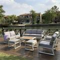 Direct Wicker 7 Piece Outdoor White Iron Conversational Sofa Set with Gray Cushions and Drink Cooler