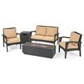 GDF Studio Houlihan Outdoor Wicker 4 Seater Chat Set with Fire Pit Brown Tan and Dark Gray