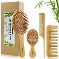 4 Piece Bamboo Hair Brush and Comb Set with Paddle Detangling Hairbrush Natural Wide-tooth and tail comb No Bristle suit for Wom