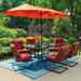 MF Studio 8-Piece Outdoor Patio Set with 13 ft Umbrella Six C-Spring Rocking Chairs & Rectangular Table for 6-Person Black & Red