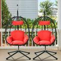 SYNGAR 2 Piece Indoor Outdoor Patio Wicker Hanging Chairs Swing Hammock Egg Chairs Waterproof Cushions with Steel Frame 300lbs Capacity for Patio Balcony Bedroom Living Room Red