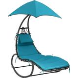 FDW Rocking Lounge Chair Hammock Chair with Waterproof Canopy Removable Cushion and Headrest Blue