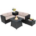 Topbuy 5-Piece Outdoor Patio Furniture Set with 50 000 BTU Propane Fire Pit Table Patio PE Wicker Conversation Set with Cushions Storage Box and Tempered Glass Coffee Table Beige