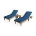 Noble House Nadine Outdoor Wood 3-Pc Chaise Lounge Set Cushion Teak/Blue