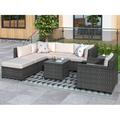 8 Pieces Patio Furniture Outdoor Rattan Sectional Seating Group Conversation Sets All Weather Rattan Wicker Sofa Set with 2 Tea Tables and Washable Cushions for Garden Poolside Backyard Porch Beige