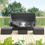 Churanty PE Wicker Rattan Sectional Sofa Set with Retractable Canopy and Soft Cushions Outdoor Patio Rectangle Daybed for Lawn Garden Backyard Poolside Gray