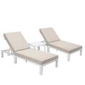 LeisureMod Chelsea Modern White Aluminum Outdoor Chaise Lounge Chair Set of 2 With Side Table & Beige Cushions