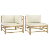 Dcenta 2 Piece Sofa Set Corner and Middle Sofa with White Cushion Outdoor Bamboo Garden Sofa Set for Patio Poolside Backyard Balcony Lawn