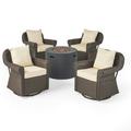 GDF Studio Rakel Outdoor Wicker 5 Piece Swivel Club Chair and Fire Pit Set with Cushions Dark Brown Beige and Dark Gray