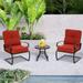 SOLAURA 3-Piece Outdoor Bistro Sets Patio Metal Spring Chairs and Coffee Table Set with Red Cushions