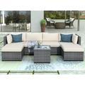 Holaki 7 Piece Wicker Sectional Seating Group with Cushions Outdoor Patio Furniture Ratten Sofa Beige
